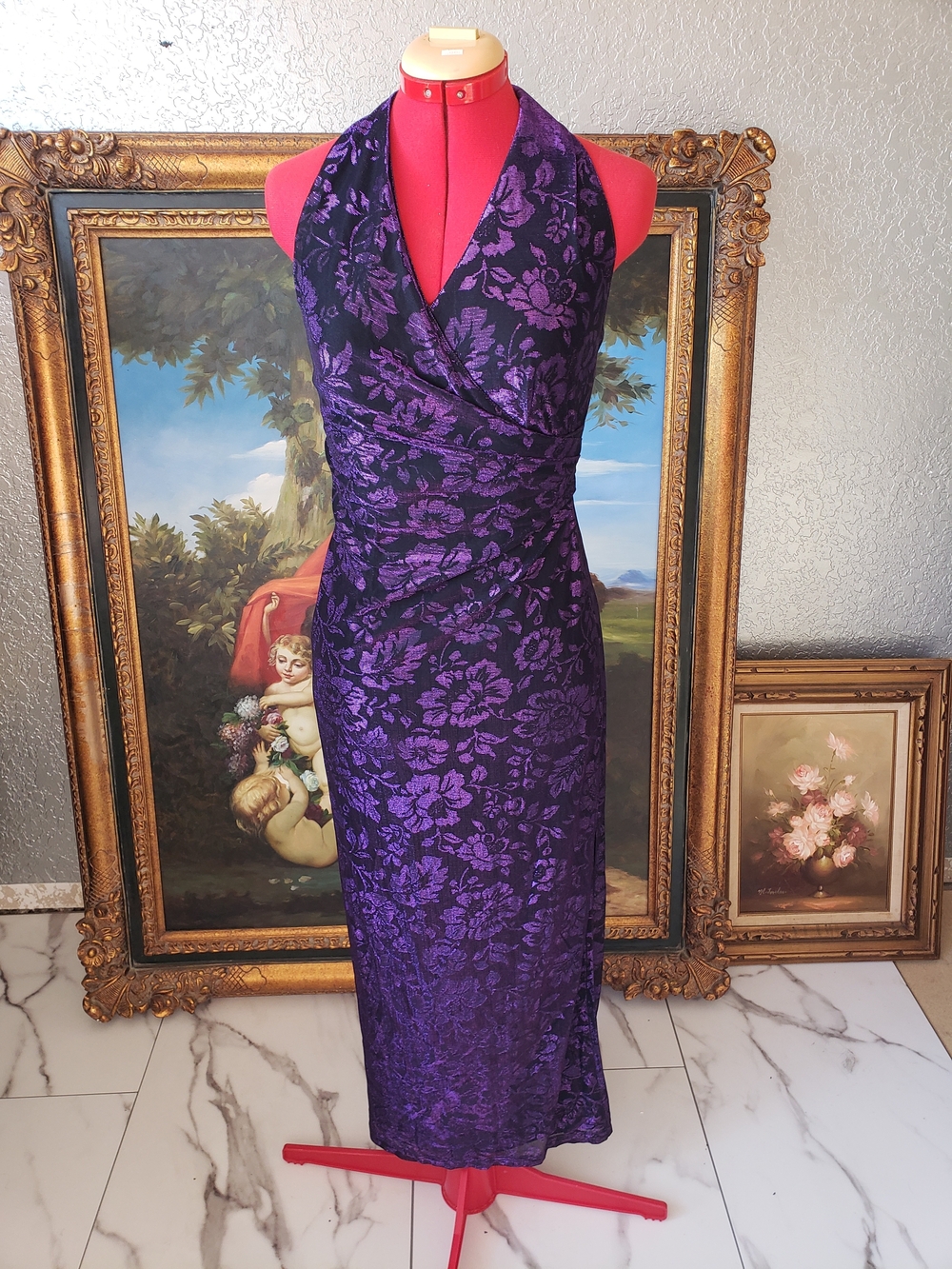 Speed Purple Floral Halter Midi Dress with Jacquard Detail